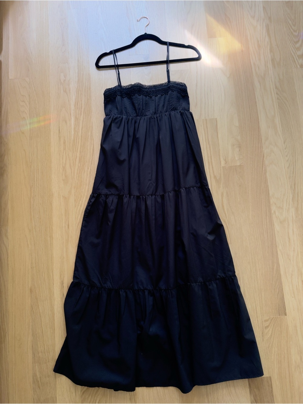 Zara Black Cotton Lace Trim Tiered Midi Maxi Dress Size S